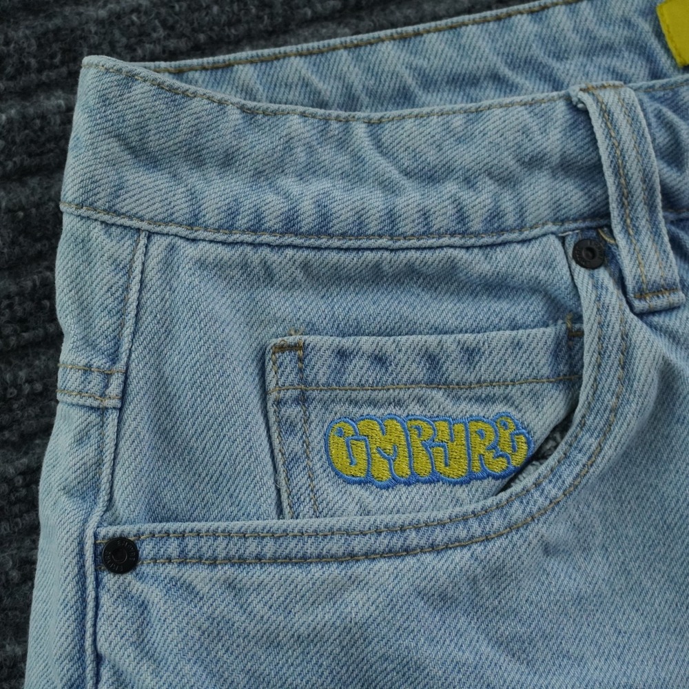 Empyre Denim Shorts Mens 28 Light Blue Baggy Raw Hem Embroidered Skate Jorts - Picture 10 of 15